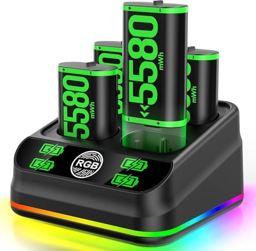 Rysker Charger with 4 x 5580mWh Rechargeable Battery Pack for X Box One X|S/Series X|S Controller, Rechargeable Batteries Charger Station for X Box One Accessories Cases & Storage by Rysker