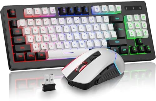 BlueFinger Wireless Gaming Keyboard and Mouse Combo, RGB Rainbow Backlit Rechargeable Battery, 87 Keys TKL Light Up Keyboard with Ergonomic Gaming Mouse for Mac Laptop Computer PC Gamer(Black & White) by BlueFinger