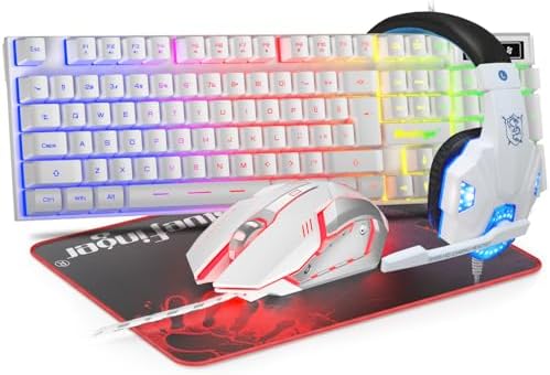 BlueFinger RGB Gaming Keyboard and Backlit Mouse and Headset Combo, USB Wired Backlit Keyboard, LED Gaming Mouse Set, Headset with Microphone for Laptop PC Computer Game and Work, White by BlueFinger