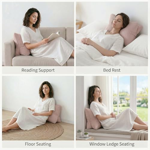 Pat. Pend. Corduroy Back Support Pillow for Sitting, Ideal for Expecting Moms, Low Back Cushion for Bed Sitting, Reading & Relaxing, Ergonomic Triangle Backrest, Washable Cover, Pink - Image 5