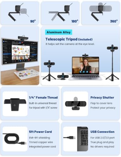 Pro HD 1080p/30fps Webcam with Tripod, External USB Camera for PC/Laptop - Image 3