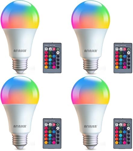 4 Pack RGB Color Changing Light Bulbs with Remote,RGBW LED Light Bulbs,9W Warm White 6500K,16 Color Multicolor A19 E27 Dimmable Memory Function,for Home Decoration,Stage,Bar,Party by AFINSEA