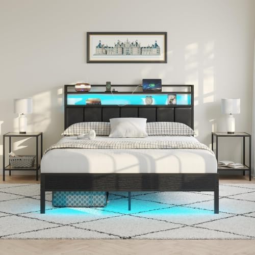 Full Size Bed Frame with Upholstered Headboard and 2-Tier Storage Shelves by CollaredEagle