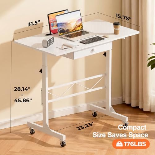 COMHOMA Small Standing Desk with Storage Drawer, Mobile Height Adjustable Rolling Sit Stand Desk with Lockable Wheels 4‑Level Portable Laptop Desk for Small Space Home Office Treadmill Workstation - Image 2