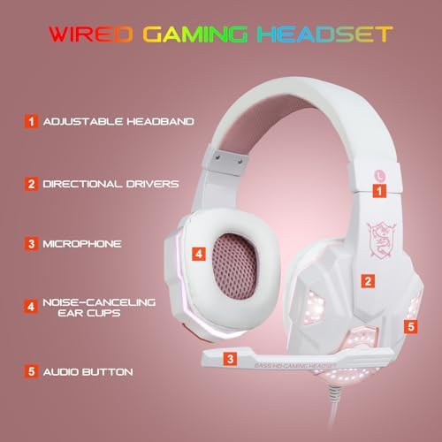 BlueFinger RGB Gaming Keyboard and Backlit Mouse and Headset Combo, USB Wired Backlit Keyboard, LED Gaming Mouse Set, Headset with Microphone for Laptop PC Computer Game and Work (Pink & White) - Image 5