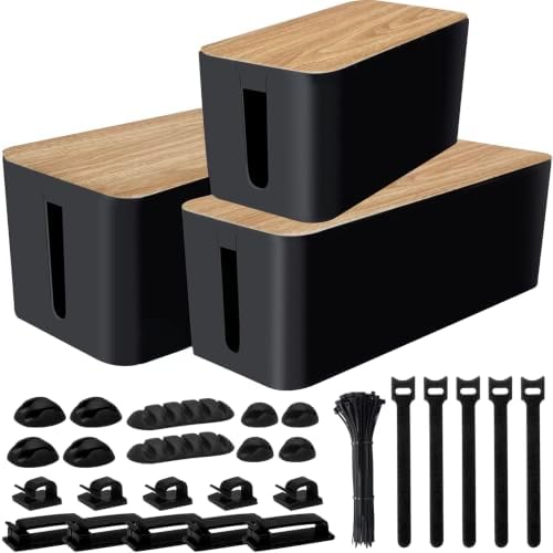 128PCS Cable Management Box 3Pack Cable Management Kit for Power Strip to Hide Wires,Cord Hider Boxes,Cord Box Safe ABS Material Wire Organizer of Cable Clips Sleeve for Home & Office, Black by YUANYE