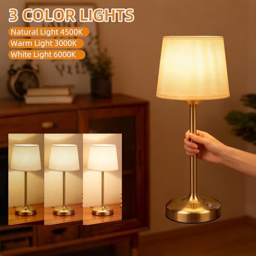 Deogos Cordless Table Lamp Gold with Dimmer, 4000mAH Battery Operated Lamp Rechargeable, 3 Color Temperature Touch Control Fabric Desk Light for Dining Room, Bedroom, Bar, Patio, Counter, Restaurant - Image 3