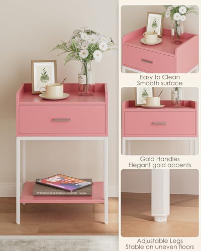Masupu Nightstand,Bedside Table 3-Tier Modern Night Stand with Storage Drawer and Shelf,Small End Side Table for Bedroom,Living Room,Black (Without Outlet, Pink) - Image 7