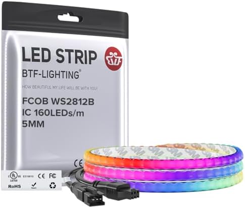 BTF-LIGHTING FCOB COB WS2812B IC RGB LED Strip DC5V 3.2FT 160LED 5mm IP30 by BTF-LIGHTING