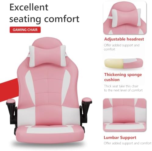BestOffice Gaming Chair Office Chair Desk Chair with Lumbar Support Flip Up Arms Headrest Swivel Rolling Adjustable PU Leather Racing Computer Chair for Girls,Pink - Image 4