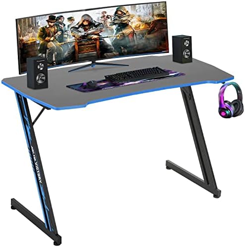 BestOffice Gmaing Desk Z Shaped 47 inch Gaming Workstation Ergonomic Gaming Table PC Computer Desk with Headphone Hook for Game Players, Blue by BestOffice