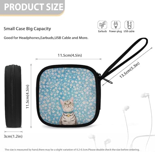 Cat Earbuds Case Portable Earbuds Carrying Case, Portable Earphone Case Phone Accessories Organizer with Handle for SD Card, USB Charging Cable Blue - Image 5