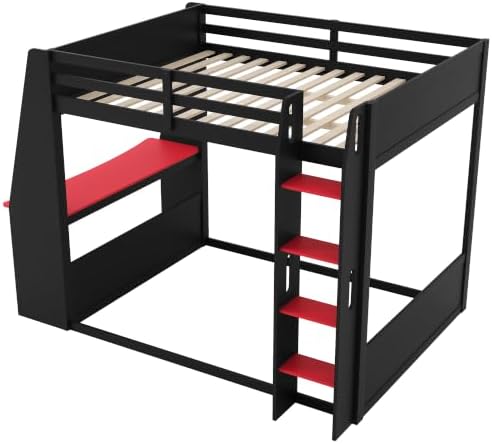 Merax Full Over Full Wooden Gaming Bunk Bed with Built-in Desk, LED Lights, USB Port, and 2 Storage Shelves, Solid Wood Gaming Loft Bed for for Bedroom, Black+Red - Image 6
