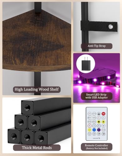 Corner Shelf with LED Light, 5 Tier Smart Color Changing Floor Lamp with Remote, 62" Display Shelf Bookshelf Narrow Storage Rack Standing Lamp for Living Room Bedroom Home Office Decor, Brown - Image 2