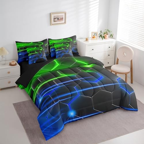 Feelyou Honeycomb Bedding Set Geometrical King Comforter Set with Sheets for Kids Boys Girls Teens Room Decor Modern Hexagon Theme Bed in a Bag 7 Piece Beehive Green Blue Bed Set - Image 3