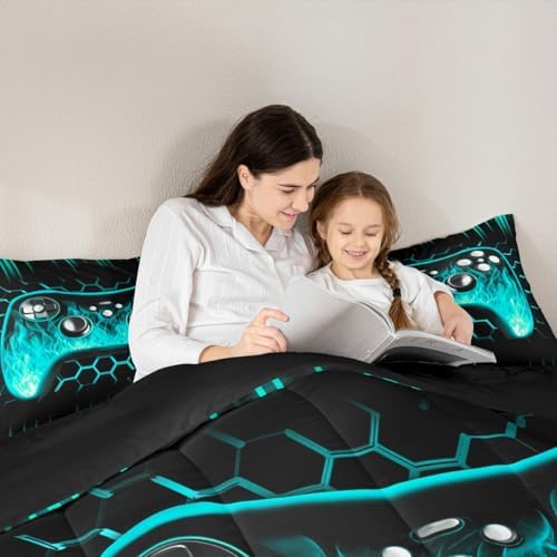 Erosebridal Ombre Art Honeycomb Gaming Consoles Bedding Set Teal Neon Lights Game Consoles King Size Comforter Set Geometry Hexagon Beehive Duvet Insert Gamer Room Decor for Boys - Image 3