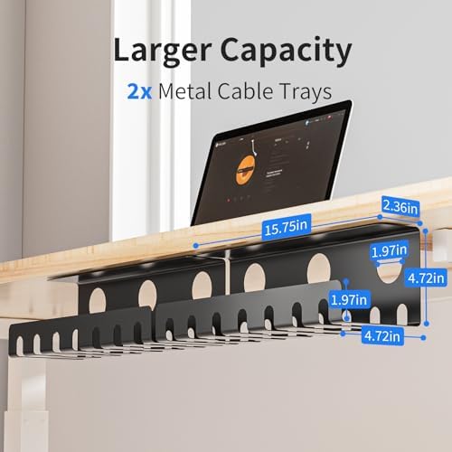 Delamu 2 Pack Metal Under Desk Cable Management Tray, U Channel Cord Organizer Box, Office Under Desk Cord Organizers, Cable Management with Various Accessories, Black, 15.75 Inches - Image 2