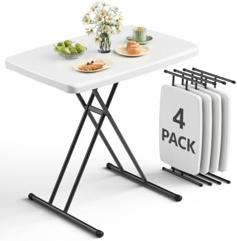Folding Table 30 Inch - 4pack,Small Desk Adjustable Height TV Tray for Laptop, Couch, Camping - Heavy Duty Utility Foldable Table for Small Spaces, No Assembly Required, White by FoldingFurniture