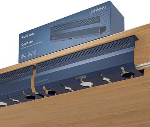 Desktronic Cable Duct Desk Blue Set of 2 - Stainless Steel Cable Management Desk Cable Duct with 5 Cable Cut-Outs - Easy to Install Cable Organiser - Cable Holder by Desktronic