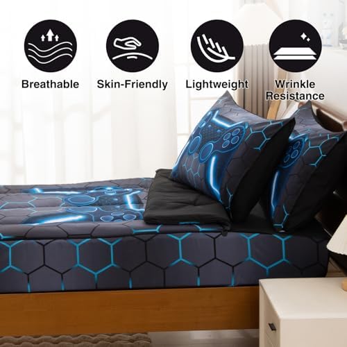 A Nice Night Zipper Bedding Game Console with 3D Geometric Gamepad Gaming Printed Zippered Kids Comforter Set,Twin,Blue - Image 3