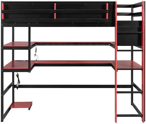 DNYN Gaming Loft Bed with Built-in Desk and Storage Shelves for Teens/Adults Bedroom, Space-Saving Twin Size Wooden Bed Frame with LED & Side Race, No Box Spring Needed - Image 4