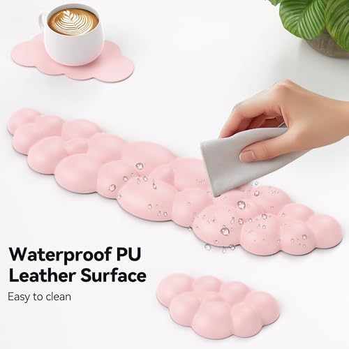 TECKNET Cloud Keyboard Wrist Rest Set, Cloud Wrist Rest with Non-Slip Base, PU Leather Wrist Pad for Keyboard with Ergonomic Memory Foam for Computer Laptop Office Gaming and Pain Relief, Light Pink - Image 6