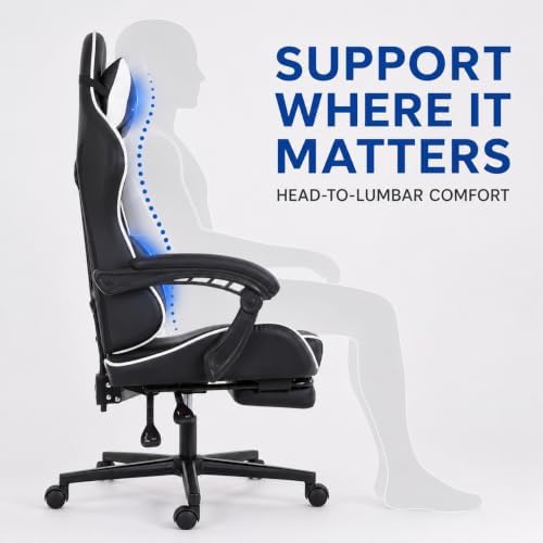 Gaming Chair Office Chair Desk Chair with Footrest Lumbar Support Headrest Armrest Task Rolling Swivel Ergonomic E-Sports Adjustable PC Gamer Chair (White) - Image 5