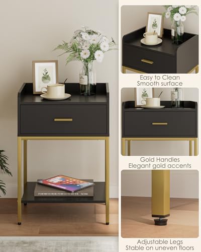 Masupu Nightstand,Bedside Table 3-Tier Modern Night Stand with Storage Drawer and Shelf,Small End Side Table for Bedroom,Living Room,Black (Without Outlet, Black) - Image 5