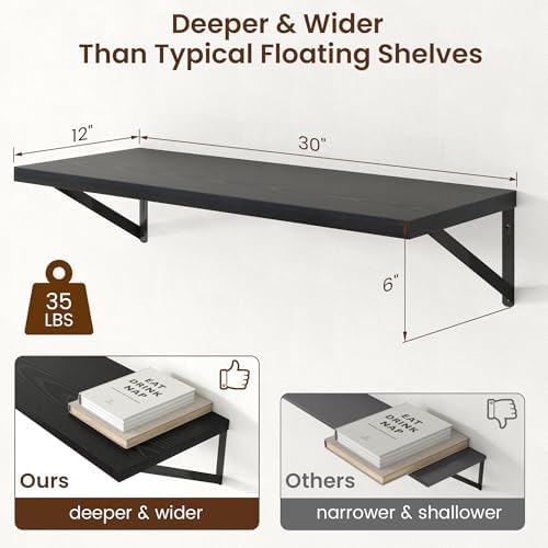 Axeman Deep Floating Shelves - 30 Inch Black Floating Shelves Set of 2-12 Inch Deep Wood Wall Shelves for Living Room Bathroom Kitchen - Image 3