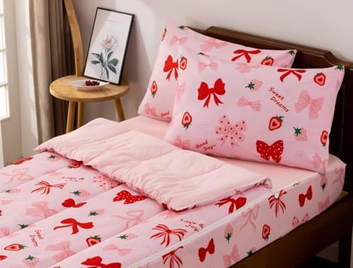 A Nice Night Zipper Bedding for Girls Chic Bow Comforter Set,Strawberry Printed Cute Ribbon Bowknot Kids Bedding Set,Twin Size - Image 2