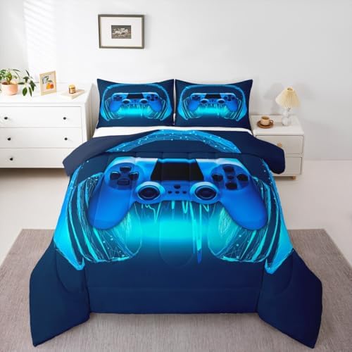 Gamer Comforter Set King Size,Blue Headphones Musical Design Games Gamepad Bedding Set for Kids Boys Video Game Room Decor Retro Playing Gamer Down Comforter Gaming Controller Quilted Duvet Set - Image 4