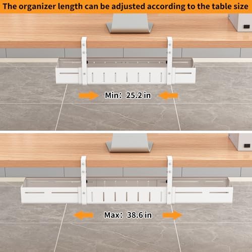Under Desk Cable Management Tray, Expandable Length 25.2"-38.6",No Drill No Damage to Desk,Cable Tray with Clamp for with Wire Management,for Cord Organizer for Home Office Standing Desk, White - Image 3