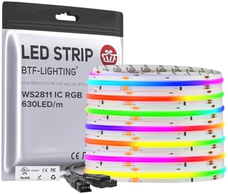BTF-LIGHTING 24FT WS2811 Smart IC RGB DC24V FCOB COB LED Strip Light by BTF-LIGHTING