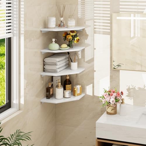 Homode Corner Wall Shelf, Corner Shelf Floating, Set of 4 Wooden Hanging Corner Shelves with Wire Hole for Bathroom Living Room Office, White - Image 2