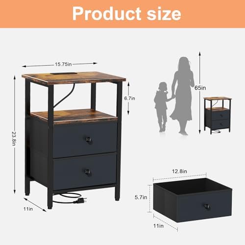 Nightstand with Charging Station, Bedside End Table with 2 Fabric Drawers for Bedroom, Side Table with USB Ports and Outlets (Brown Black) - Image 2