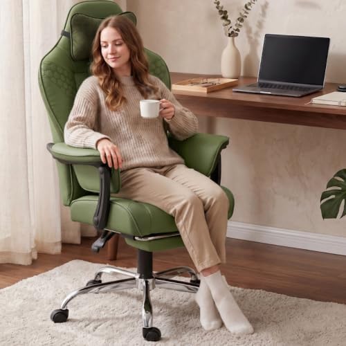 Dowinx Big and Tall Gaming Chair with Footrest for Home Office 500LBS Green | High Back Leather Office Chair, Extra-Wide & Thick-Padded Seat Cushion with Ergonomic Lumbar Support and Soft Linkage Armrest - Image 2