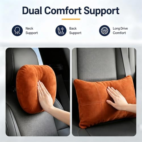 2 PCS Car Pillow for Driving Seat Soft Suede Headrest Neck & Lumbar Support | Universal Fit,Pain Fatigue Relief,Comfortable Plush,Elastic Adjustable Strap,Travel Sleep,Breathable Machine Washable Cover - Image 2