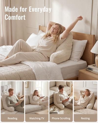 Blissful Diary Reading Pillow, Large Backrest Pillow with Shredded Memory Foam for Adult & Children, Designed for Bed and Couch Sitting Up, Includes Arms, Pockets and Washable Cover, Off White - Image 7