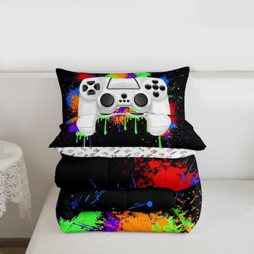 Feelyou Kids Boys Graffiti Gamer Bedding Set King Size, Black Gaming Comforter Set Game Comforter for Game Room Decor Duvet Set Durable Bed Set 3Pcs Room Decor Quilt Set Bedding Collection - Image 3
