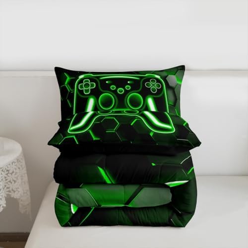 Erosebridal Gamer Comforter Set Neon Honeycomb Gaming King Bedding Set, Game Boy Games Comforter Green Hexagon Lights Duvet Insert,Boys Bedroom Decor - Image 7