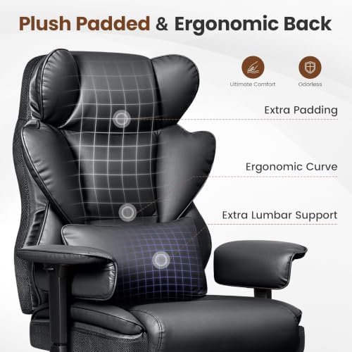 BESTFAIR Big & Tall Ergonomic Office Chair with Footrest & High Back, Black | 400 LBS Heavy Duty Oversized Leather Desk Chair, Lumbar Support for Prolonged Sitting, 23.6" Padded Wide Seat Adjustable Arms - Image 6