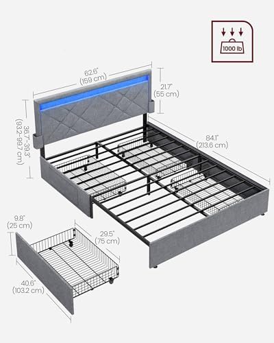 VASAGLE Queen Bed Frame, 4 Storage Drawers on Wheels, Charging Station - Image 6