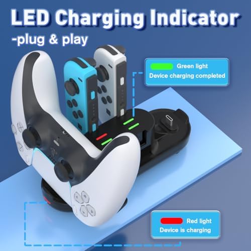 Switch Controller Charger for Nintendo Joy con Charge, Joy-con Charging Dock, 6 in 1 Switch1 Controller Charge Dock Station Compatible Nintendo Switch/Pro Controller/PS5 with Charger Cable & Indicator - Image 5