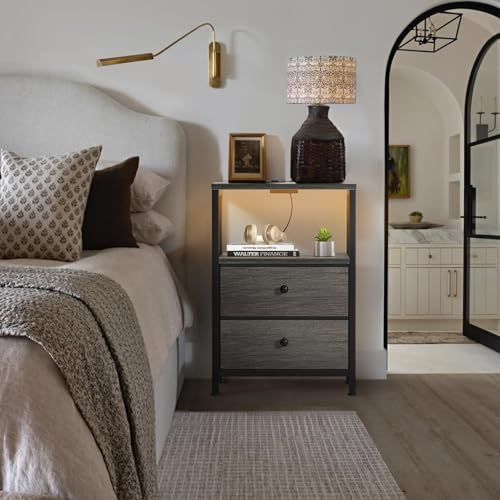 BOLUO Gray Nightstand with Charging Station, LED Night Stand with 2 Fabric Drawers, Bedside Table with USB Ports and Outlets, Nightstand for Bedroom Modern - Image 7