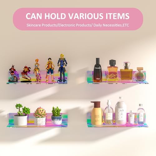 Sezanrpt 15 Inches Iridescent Acrylic Shelves, Wall Mounted Shelves for Bedroom, Wall Display Shelves for Collectibles, Funko Pop, Speaker, Plants, Space Saver, Wide Application, 4 Pack - Image 5