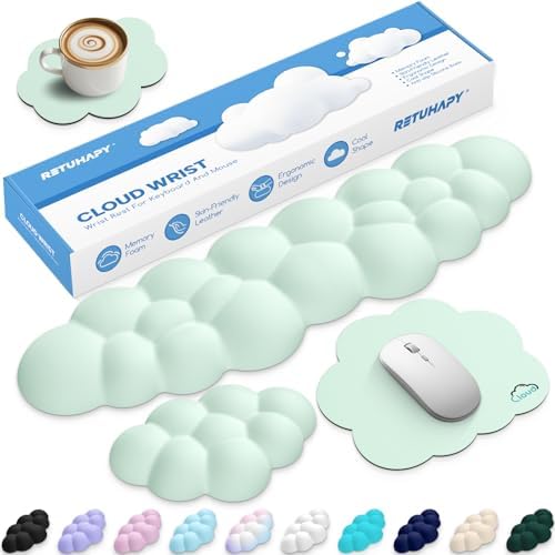 Cloud Wrist Rest Keyboard Cushion and Cloud Mouse Pad, Light Green | 4-in-1 Ergonomic Cloud Keyboard Wrist Rest Set, Memory Foam, Arm Support for Palm, Cute Desk Accessory for PC Gaming Setup by Unknown