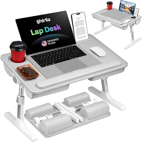 Lap Desk with Legs & Cushions: 2-in-1 Foldable Bed Desk for Adults - One-Touch Height Adjustment, Bed Table Tray Hold: up to 15.6“ Laptop, Mouse Cup Phone - Laptop Stand Desks for Bed (Gray) by Unknown