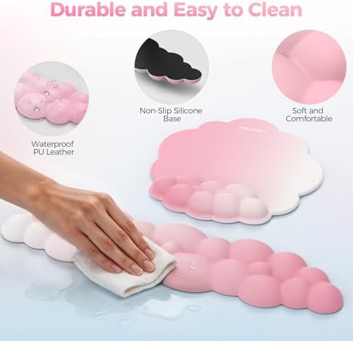 TECKNET Cloud Wrist Rest & Ergonomic Mouse Pad, Cloud Keyboard Wrist Rest with Non-Slip Base, PU Leather Memory Foam Wrist Pad for Keyboard and Mouse, Pain Relief for Typing, Gaming, Pink - Image 6