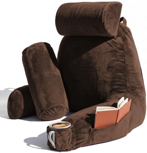 Nestl Reading Pillow with Shredded Memory Foam Includes 2 Neck and Lumber Support Pillows, Designed for Sitting Up in Bed and Couch, Back and Arms Adjustable Support for Adult & Teens, Chocolate Brown | 22” Backrest Pillow Includes Neck & Lumber Pillow... by Nestl
