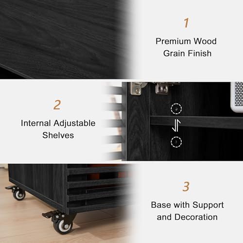 LEVNARY 5-Tier AV Media Cabinet with Grille Door, Modern Wooden Stereo Rack with Adjustable Shelves & Wheels, Audio Video Cabinet for Living Gaming Room Recording Studio (Black) - Image 4